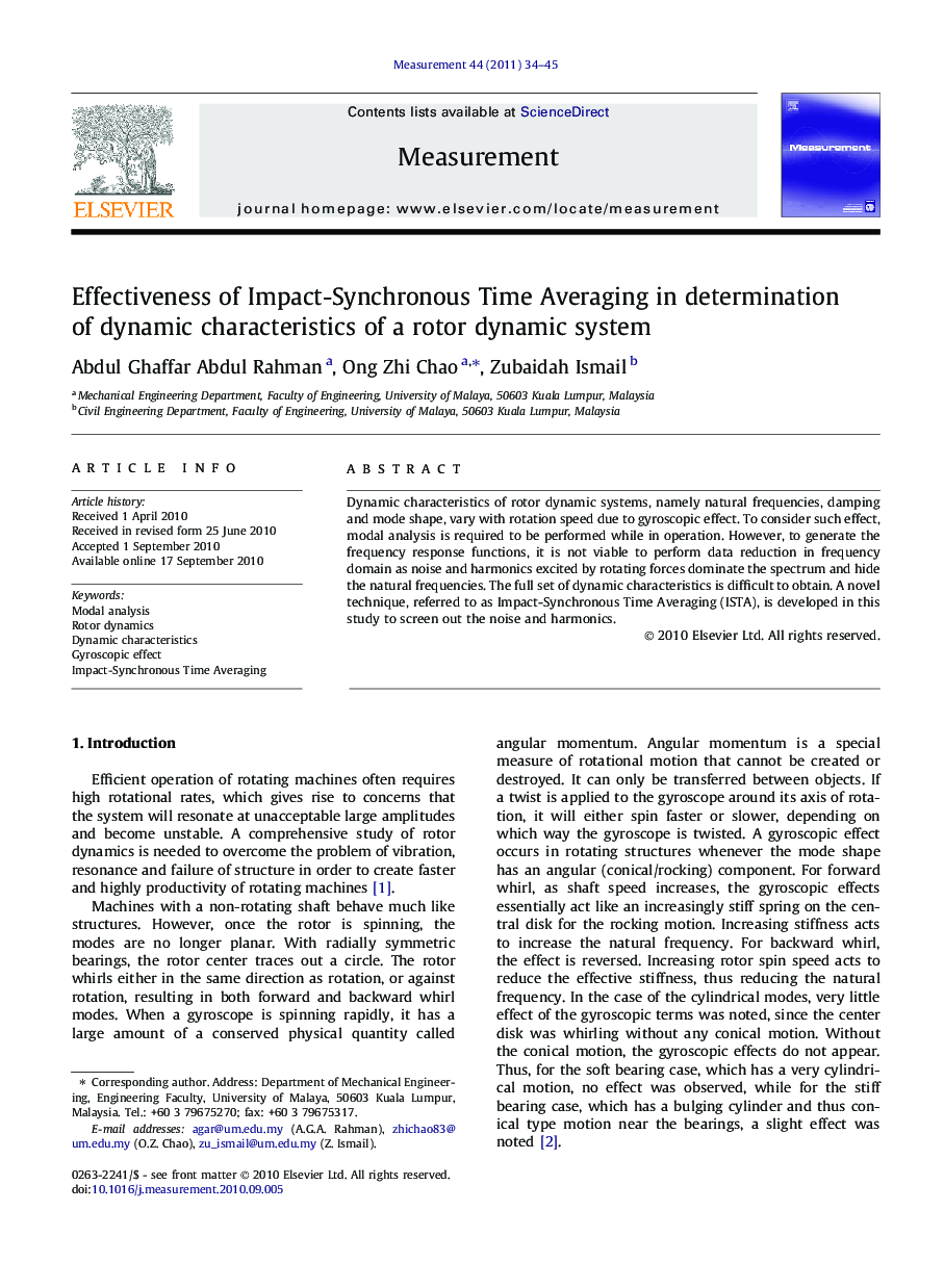 Effectiveness of Impact-Synchronous Time Averaging in determination of dynamic characteristics of a rotor dynamic system
