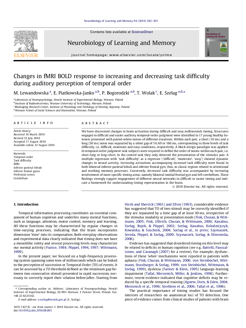 Changes in fMRI BOLD response to increasing and decreasing task difficulty during auditory perception of temporal order