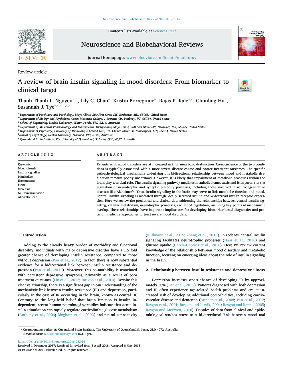 A review of brain insulin signaling in mood disorders: From biomarker to clinical target