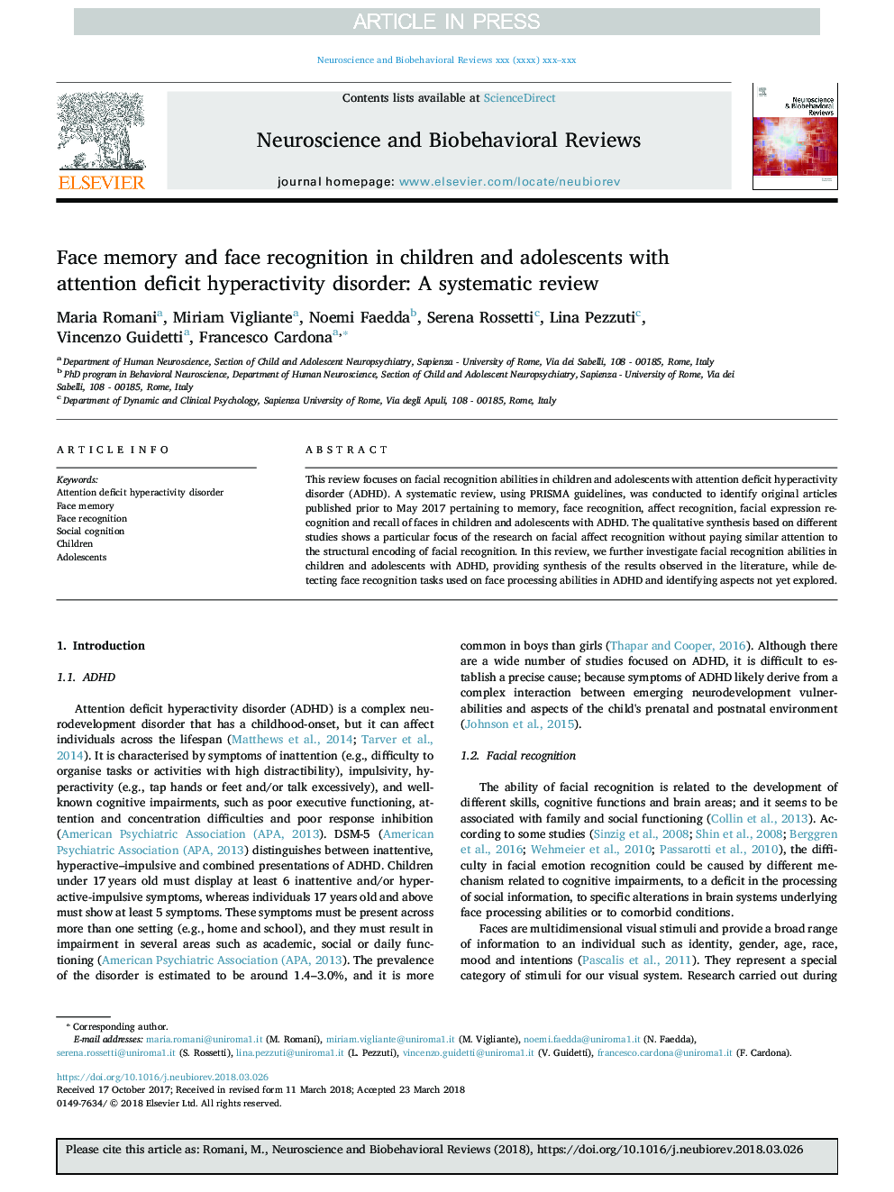 حافظه و تشخیص چهره در کودکان و نوجوانان مبتلا به اختلال بیش فعالی کمبود توجه: بررسی سیستماتیک 