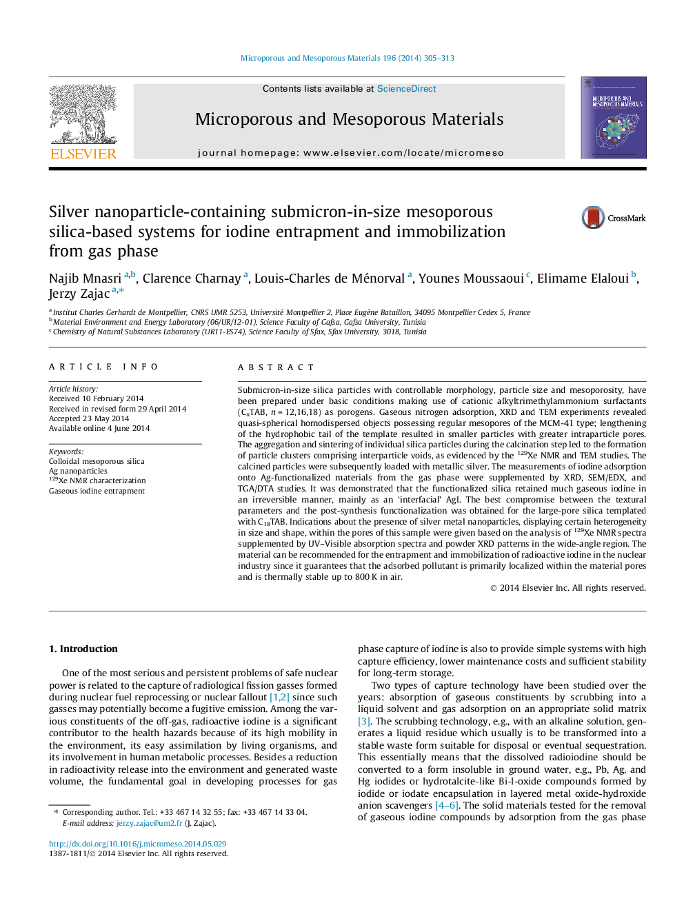 Silver nanoparticle-containing submicron-in-size mesoporous silica-based systems for iodine entrapment and immobilization from gas phase