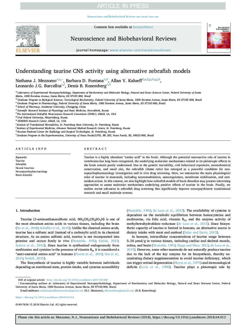Understanding taurine CNS activity using alternative zebrafish models