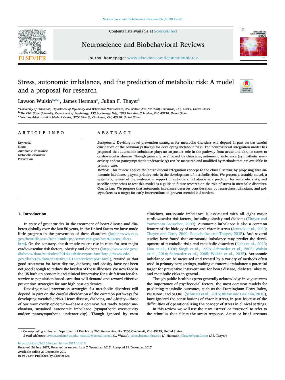 Stress, autonomic imbalance, and the prediction of metabolic risk: A model and a proposal for research