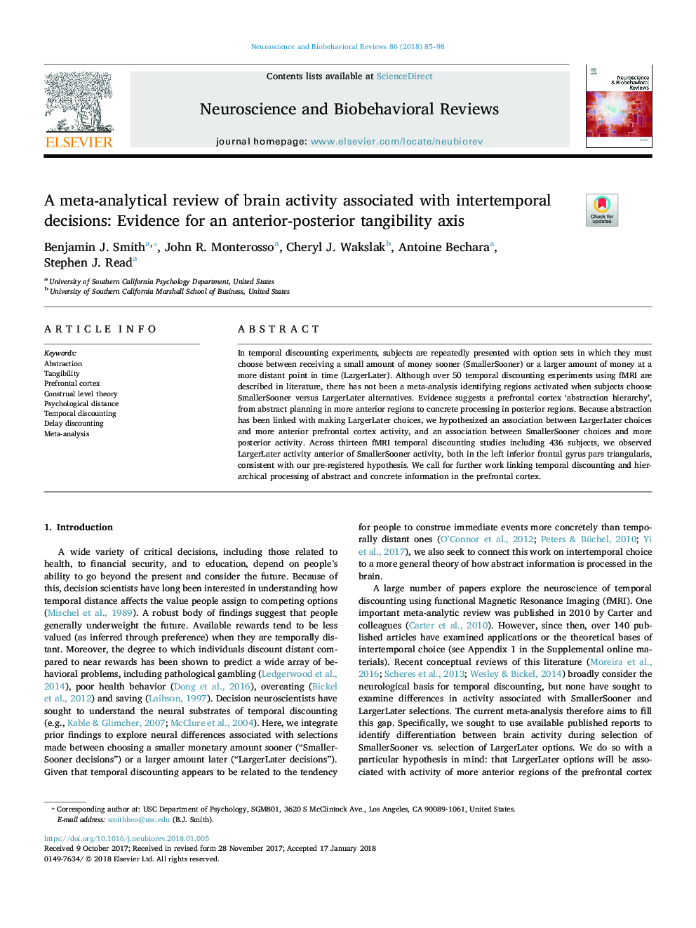 A meta-analytical review of brain activity associated with intertemporal decisions: Evidence for an anterior-posterior tangibility axis