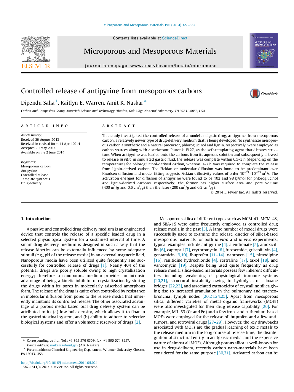 Controlled release of antipyrine from mesoporous carbons