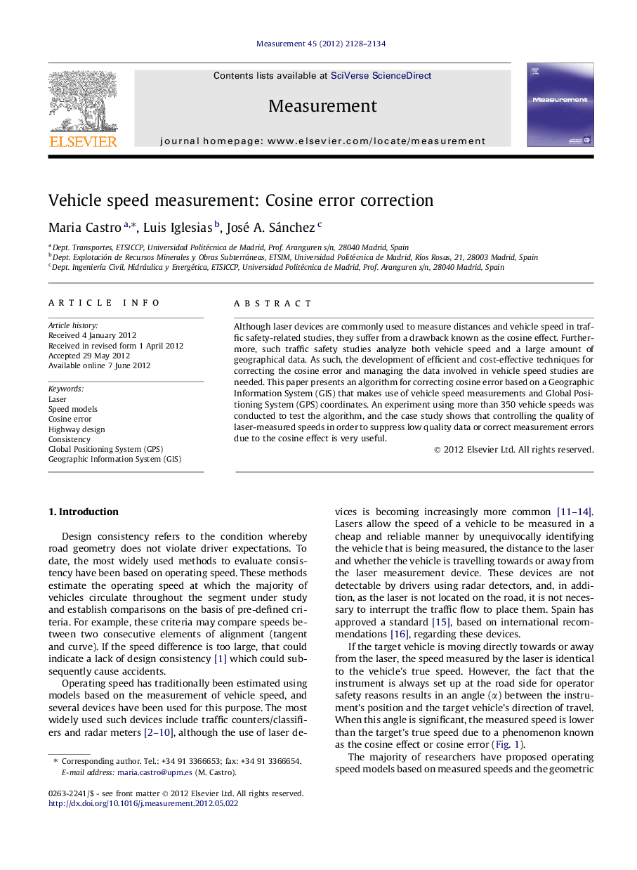 Vehicle speed measurement: Cosine error correction