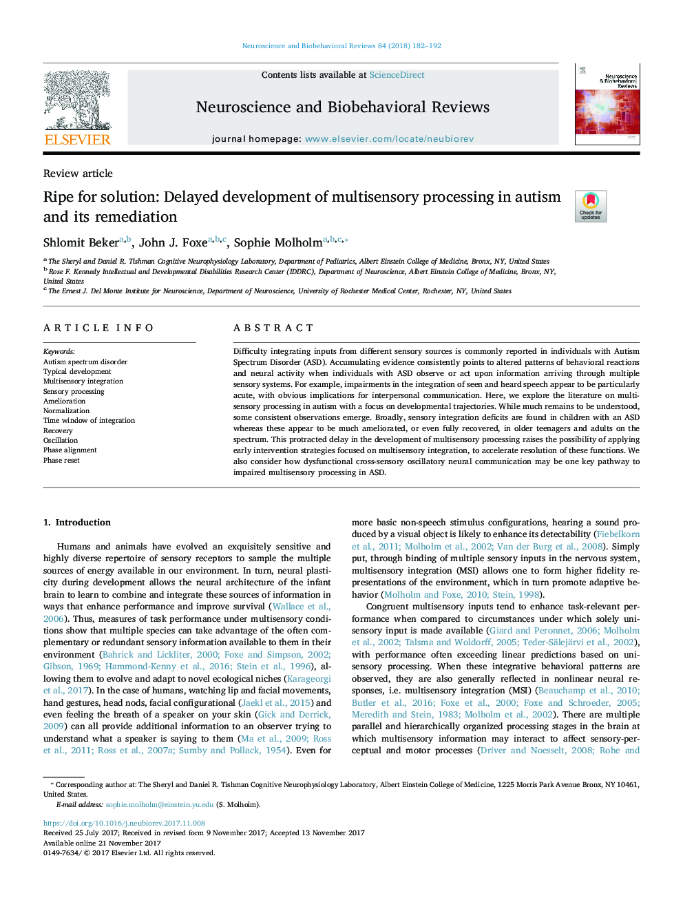 Ripe for solution: Delayed development of multisensory processing in autism and its remediation