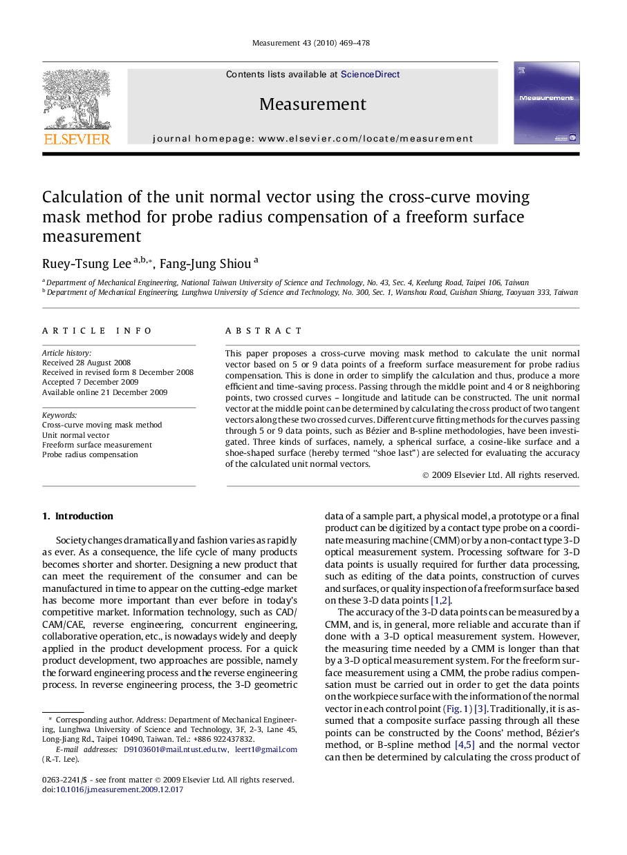 Calculation of the unit normal vector using the cross-curve moving mask method for probe radius compensation of a freeform surface measurement