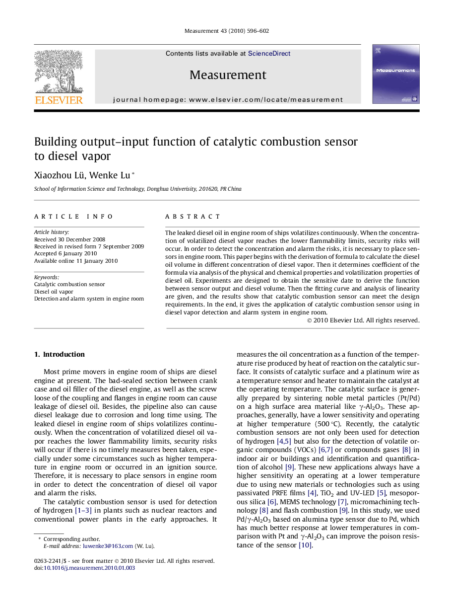 Building output–input function of catalytic combustion sensor to diesel vapor