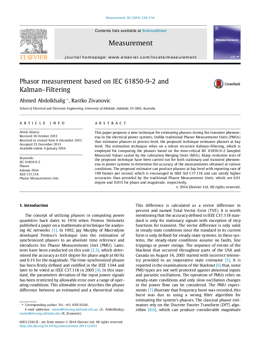 Phasor measurement based on IEC 61850-9-2 and Kalman–Filtering