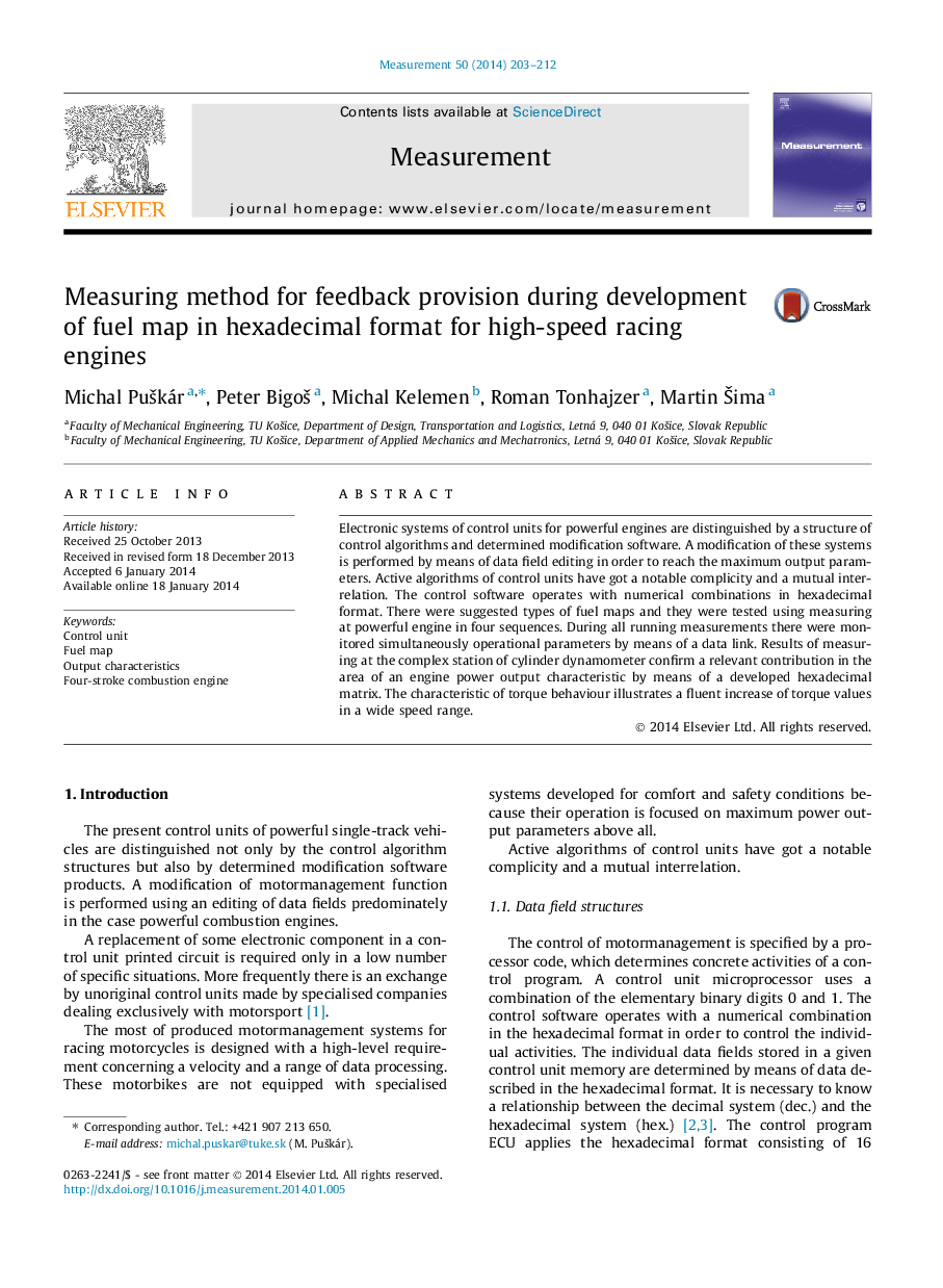 Measuring method for feedback provision during development of fuel map in hexadecimal format for high-speed racing engines