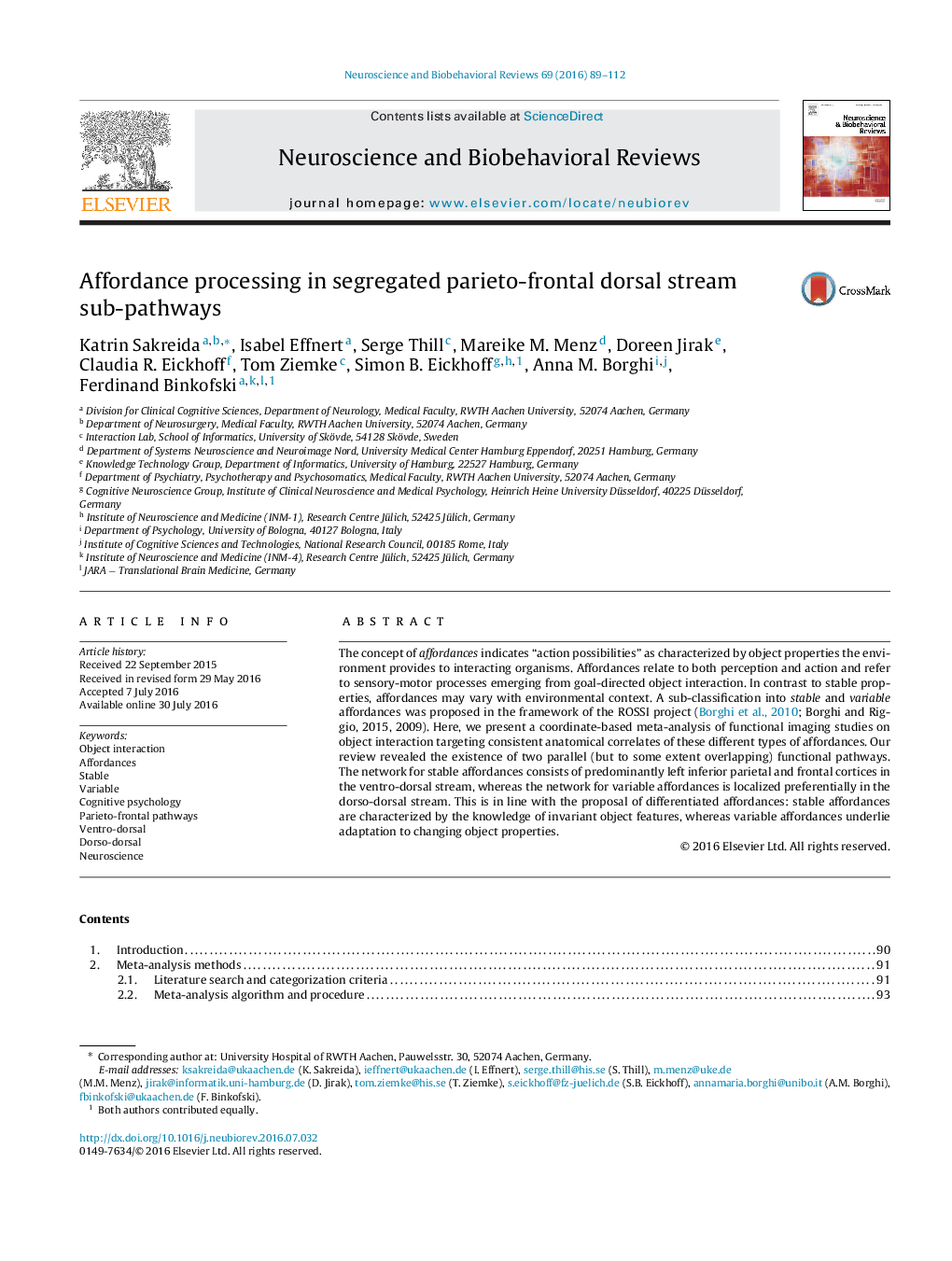 Affordance processing in segregated parieto-frontal dorsal stream sub-pathways