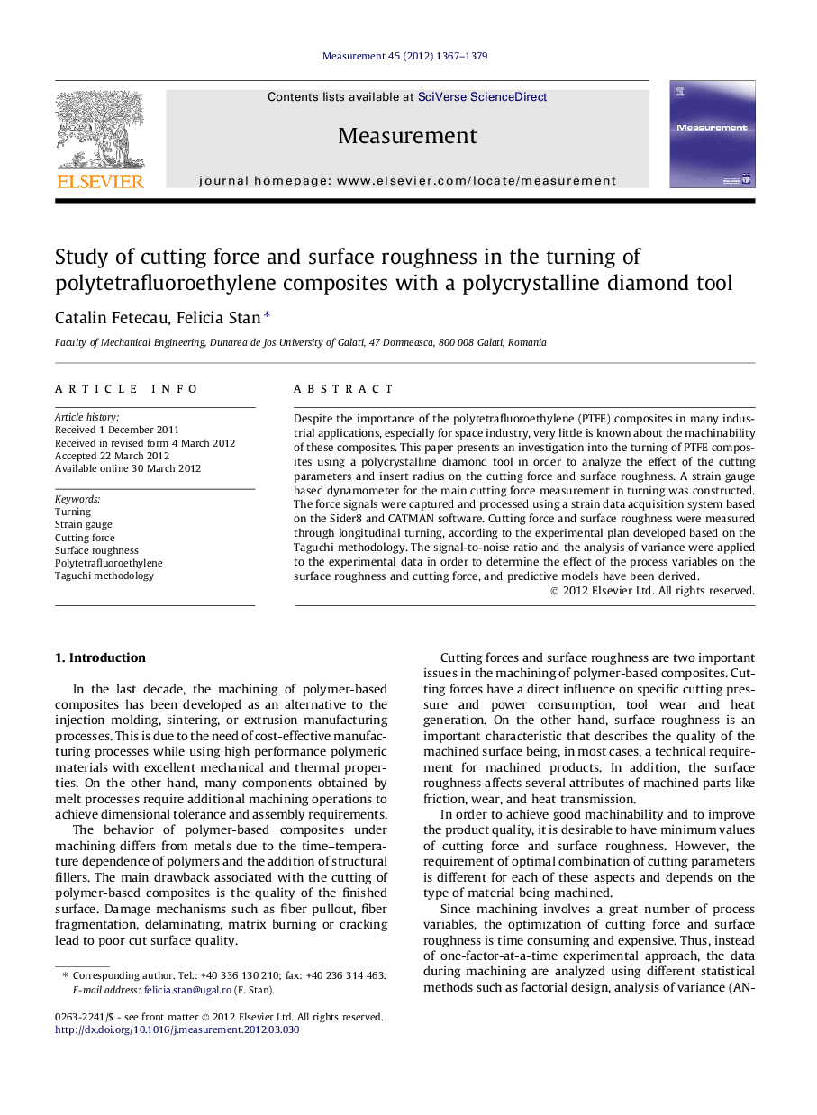 Study of cutting force and surface roughness in the turning of polytetrafluoroethylene composites with a polycrystalline diamond tool