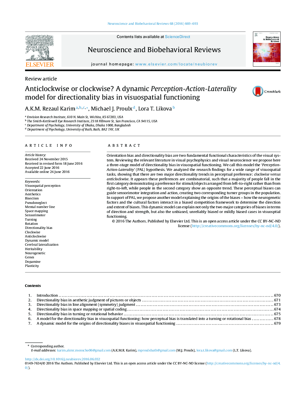 Anticlockwise or clockwise? A dynamic Perception-Action-Laterality model for directionality bias in visuospatial functioning