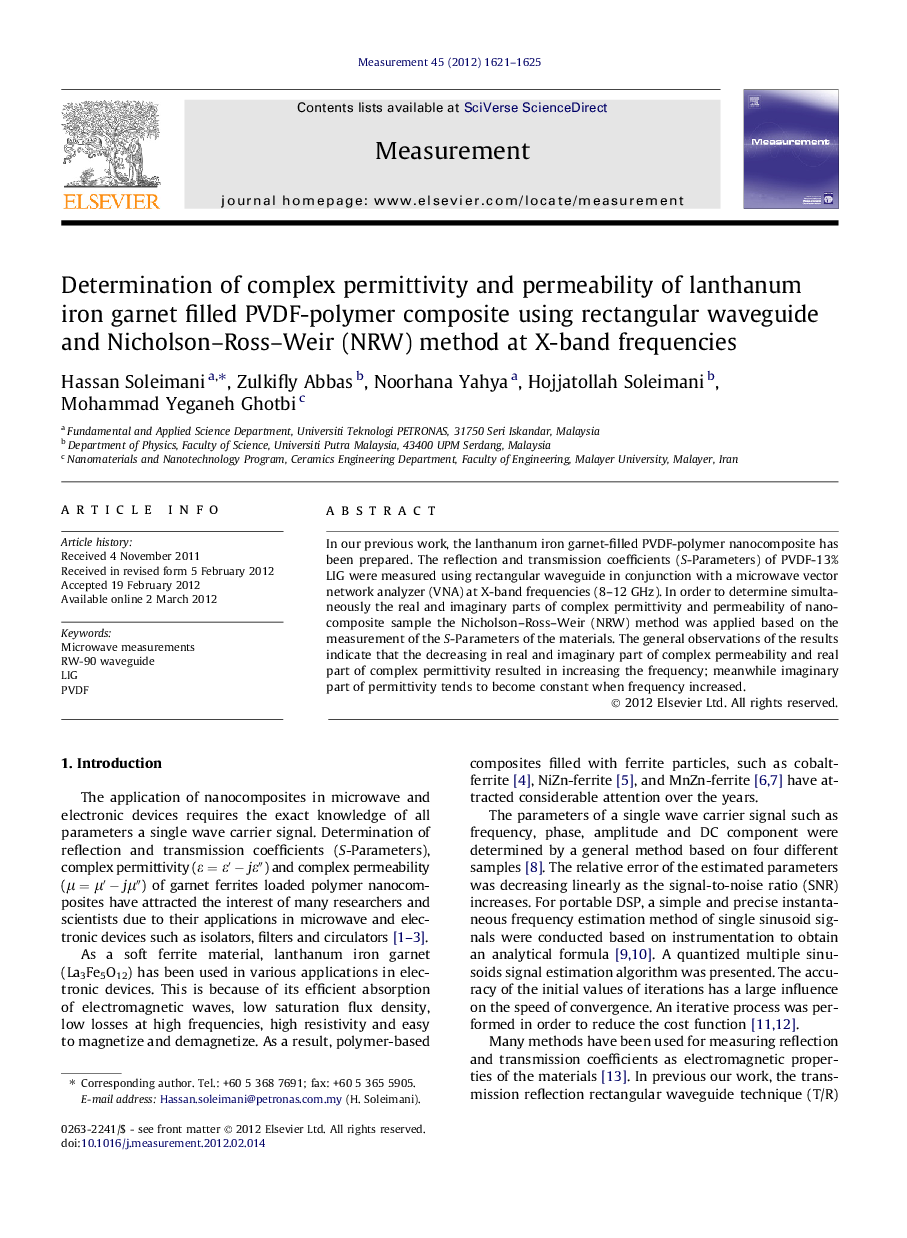 Determination of complex permittivity and permeability of lanthanum iron garnet filled PVDF-polymer composite using rectangular waveguide and Nicholson–Ross–Weir (NRW) method at X-band frequencies