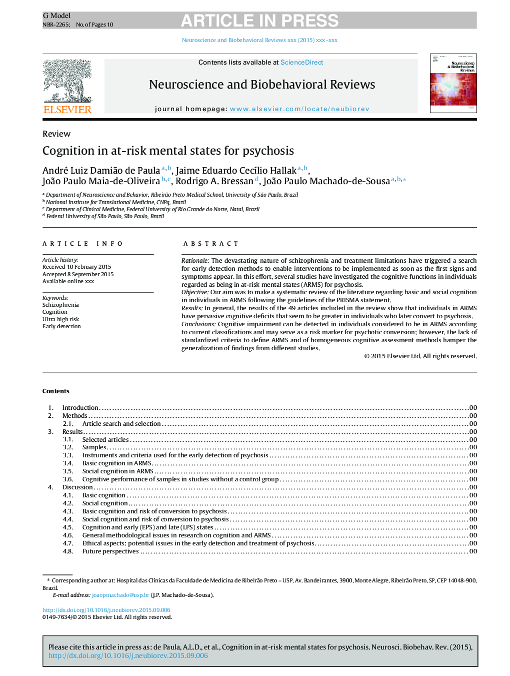 Cognition in at-risk mental states for psychosis