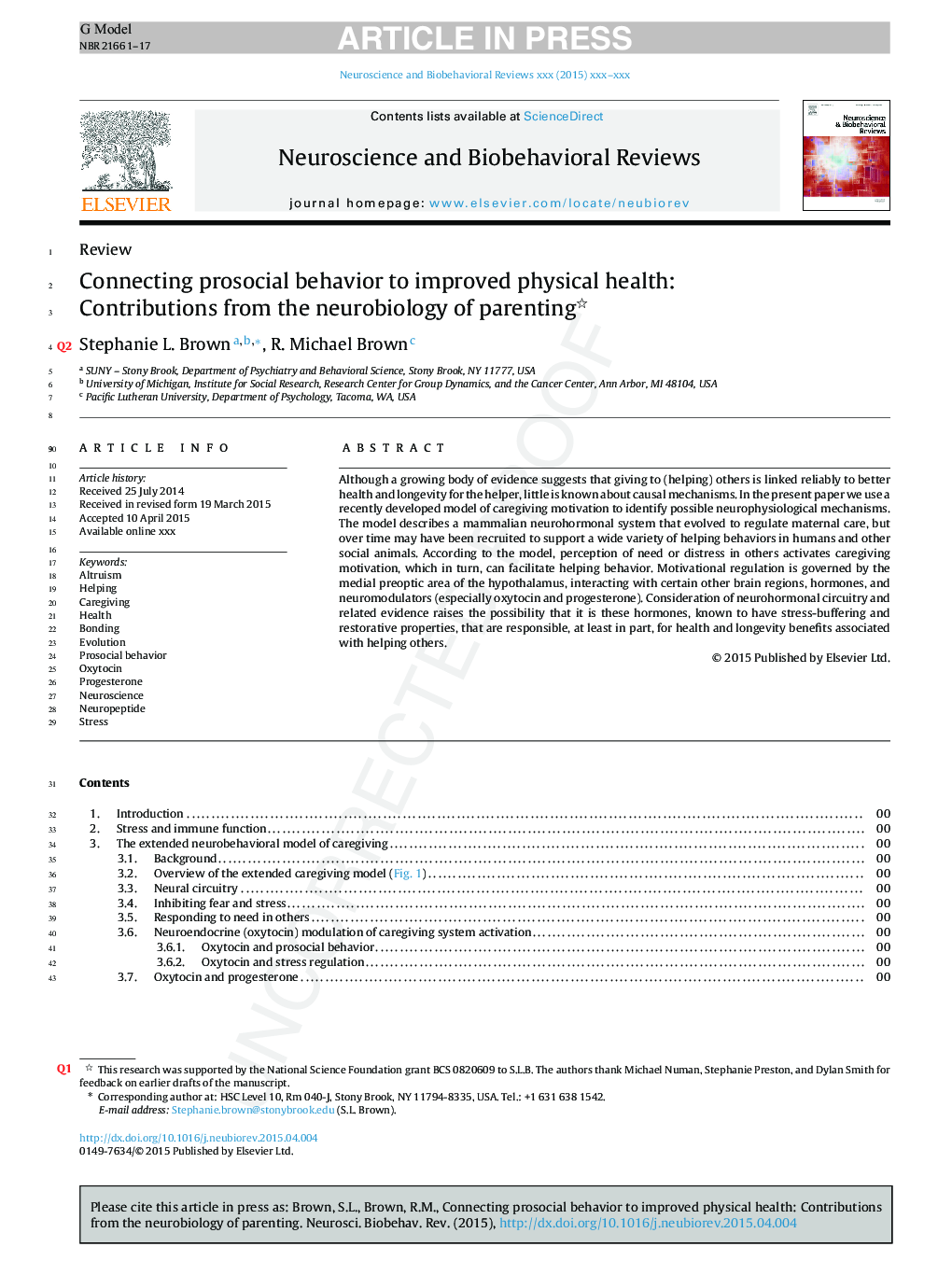 Connecting prosocial behavior to improved physical health: Contributions from the neurobiology of parenting