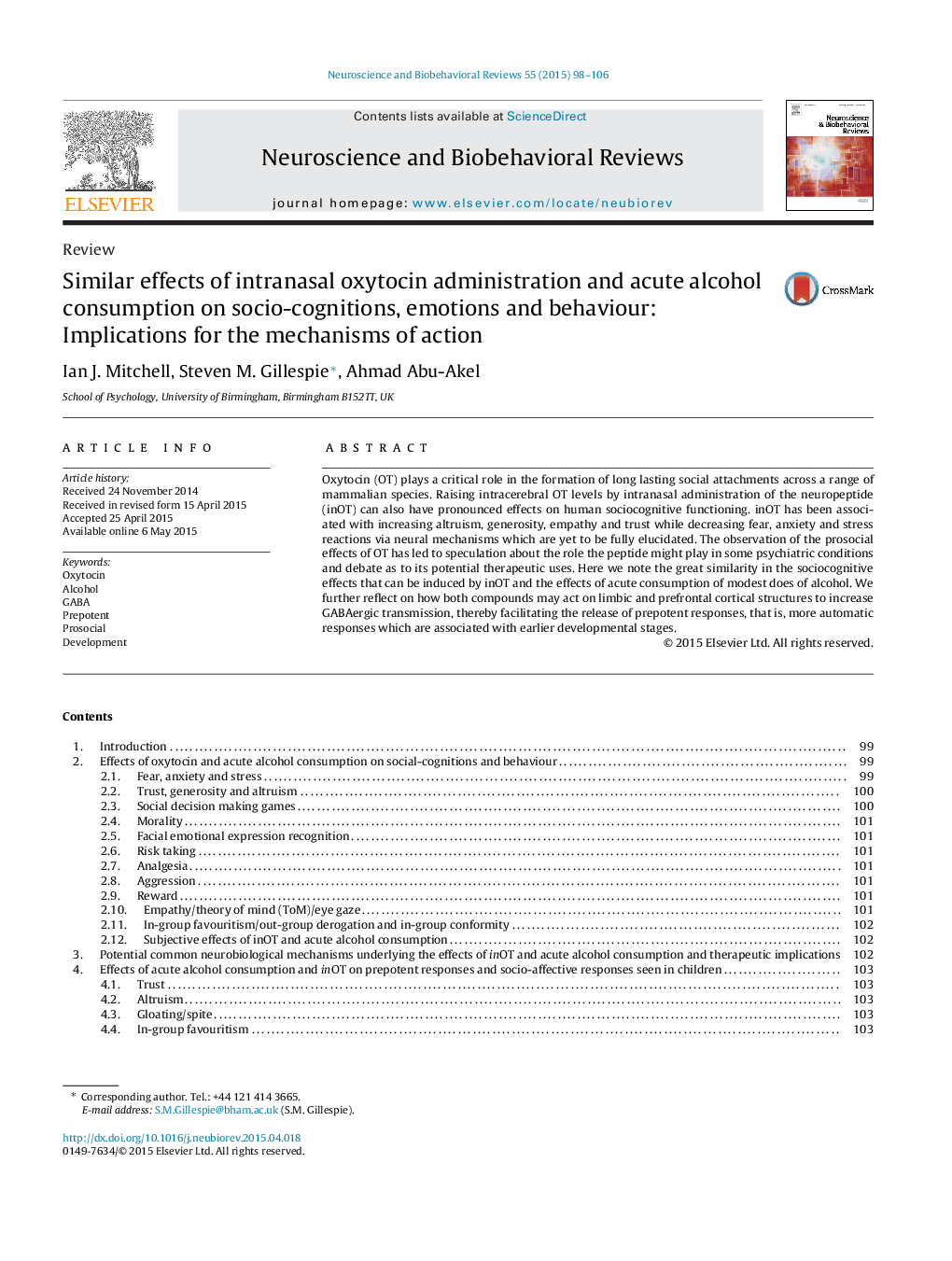 Similar effects of intranasal oxytocin administration and acute alcohol consumption on socio-cognitions, emotions and behaviour: Implications for the mechanisms of action