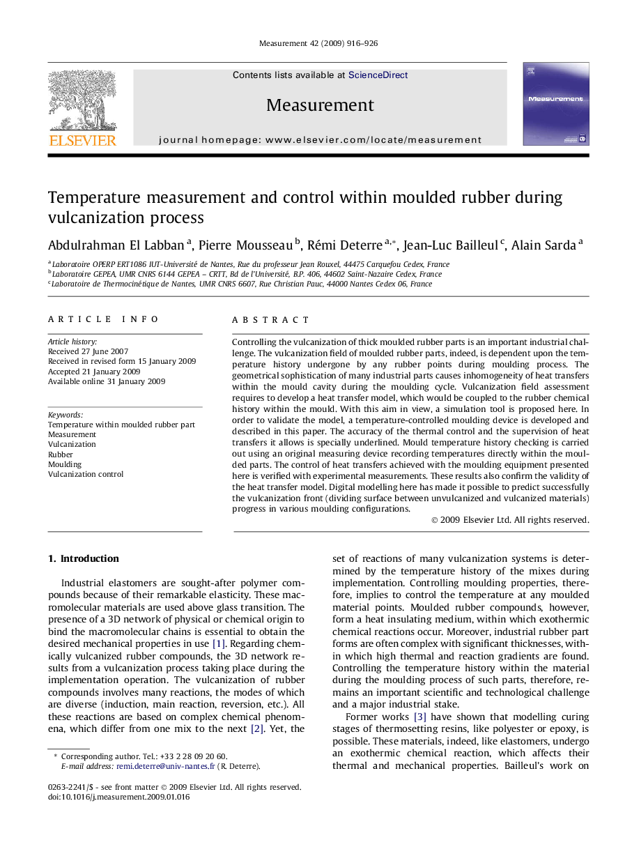 Temperature measurement and control within moulded rubber during vulcanization process