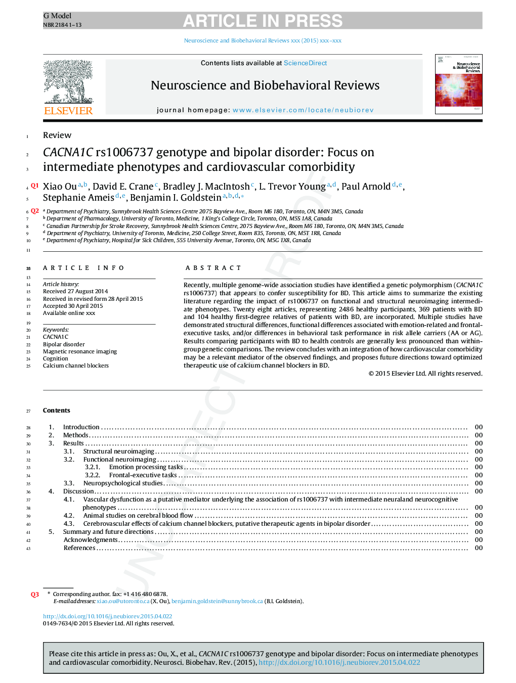 CACNA1C rs1006737 genotype and bipolar disorder: Focus on intermediate phenotypes and cardiovascular comorbidity