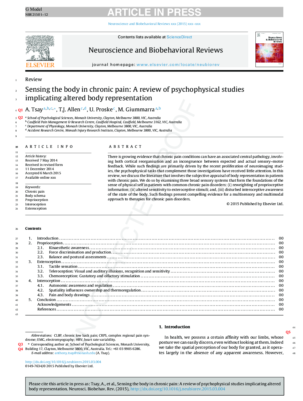 Sensing the body in chronic pain: A review of psychophysical studies implicating altered body representation