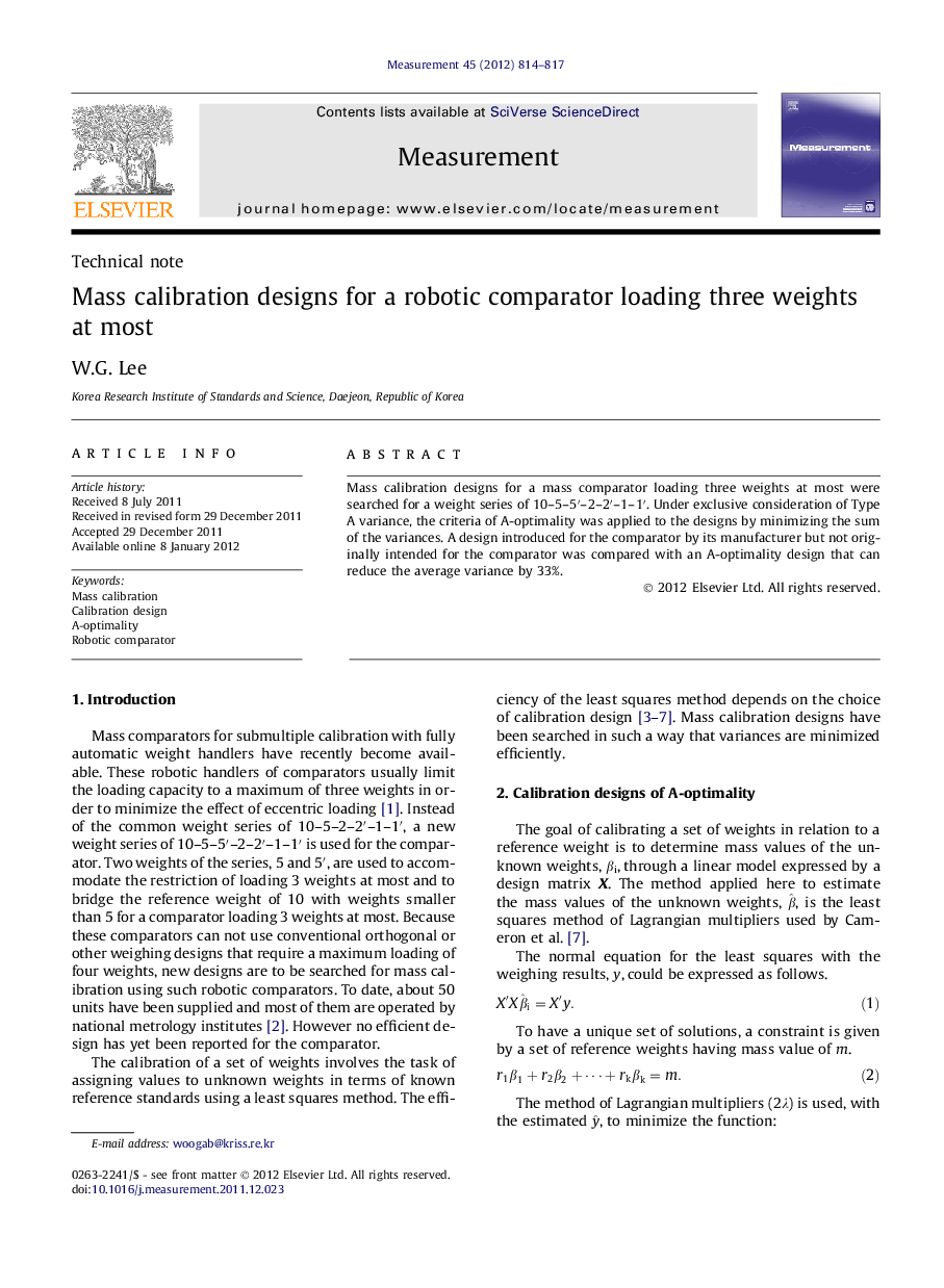 Mass calibration designs for a robotic comparator loading three weights at most