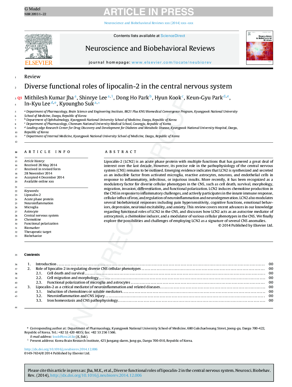 Diverse functional roles of lipocalin-2 in the central nervous system