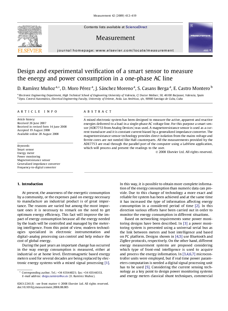 Design and experimental verification of a smart sensor to measure the energy and power consumption in a one-phase AC line