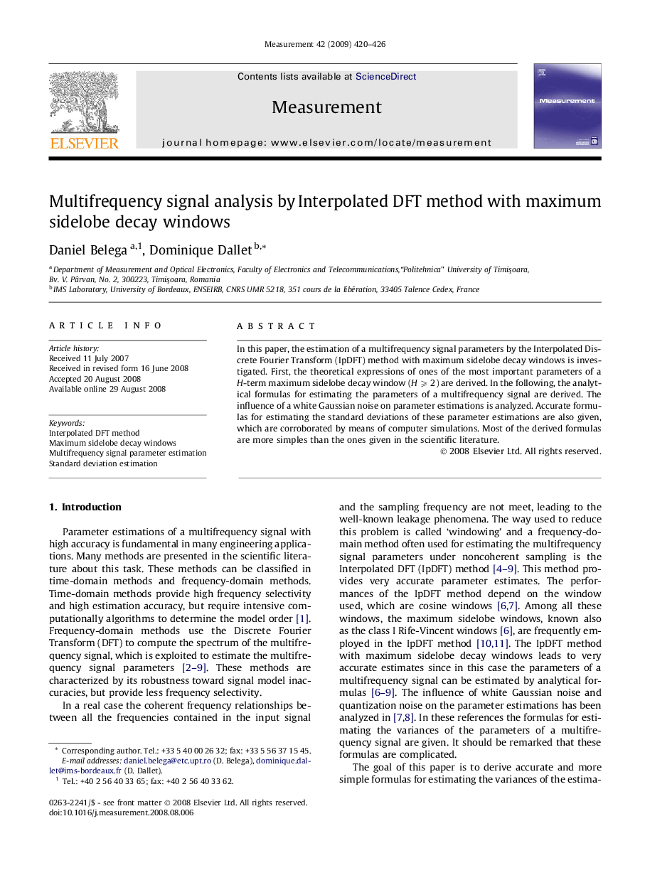 Multifrequency signal analysis by Interpolated DFT method with maximum sidelobe decay windows