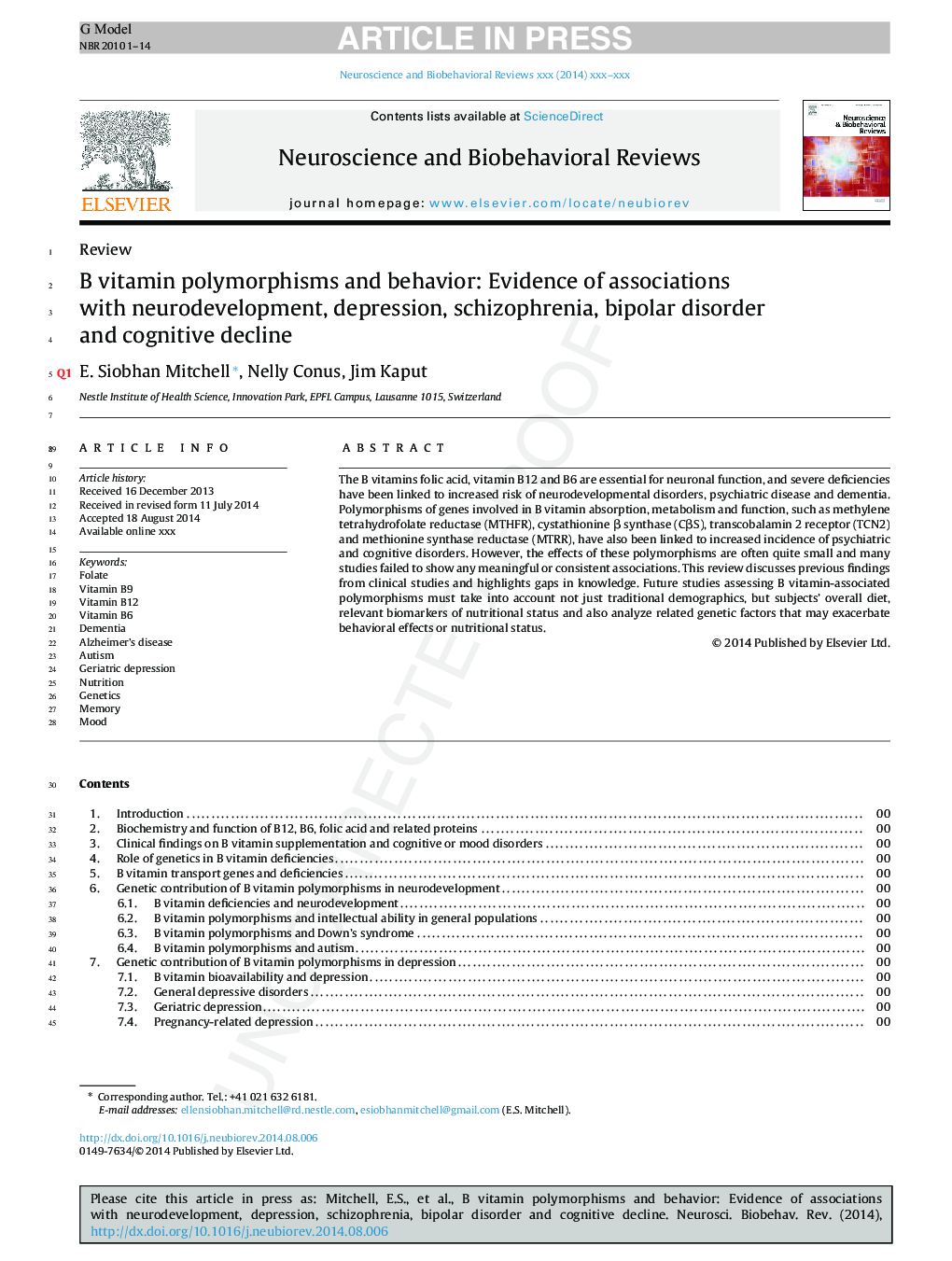 B vitamin polymorphisms and behavior: Evidence of associations with neurodevelopment, depression, schizophrenia, bipolar disorder and cognitive decline