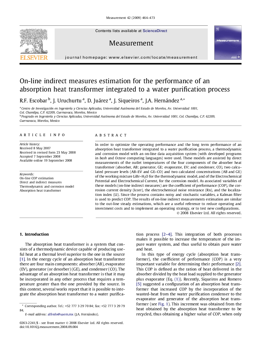 On-line indirect measures estimation for the performance of an absorption heat transformer integrated to a water purification process