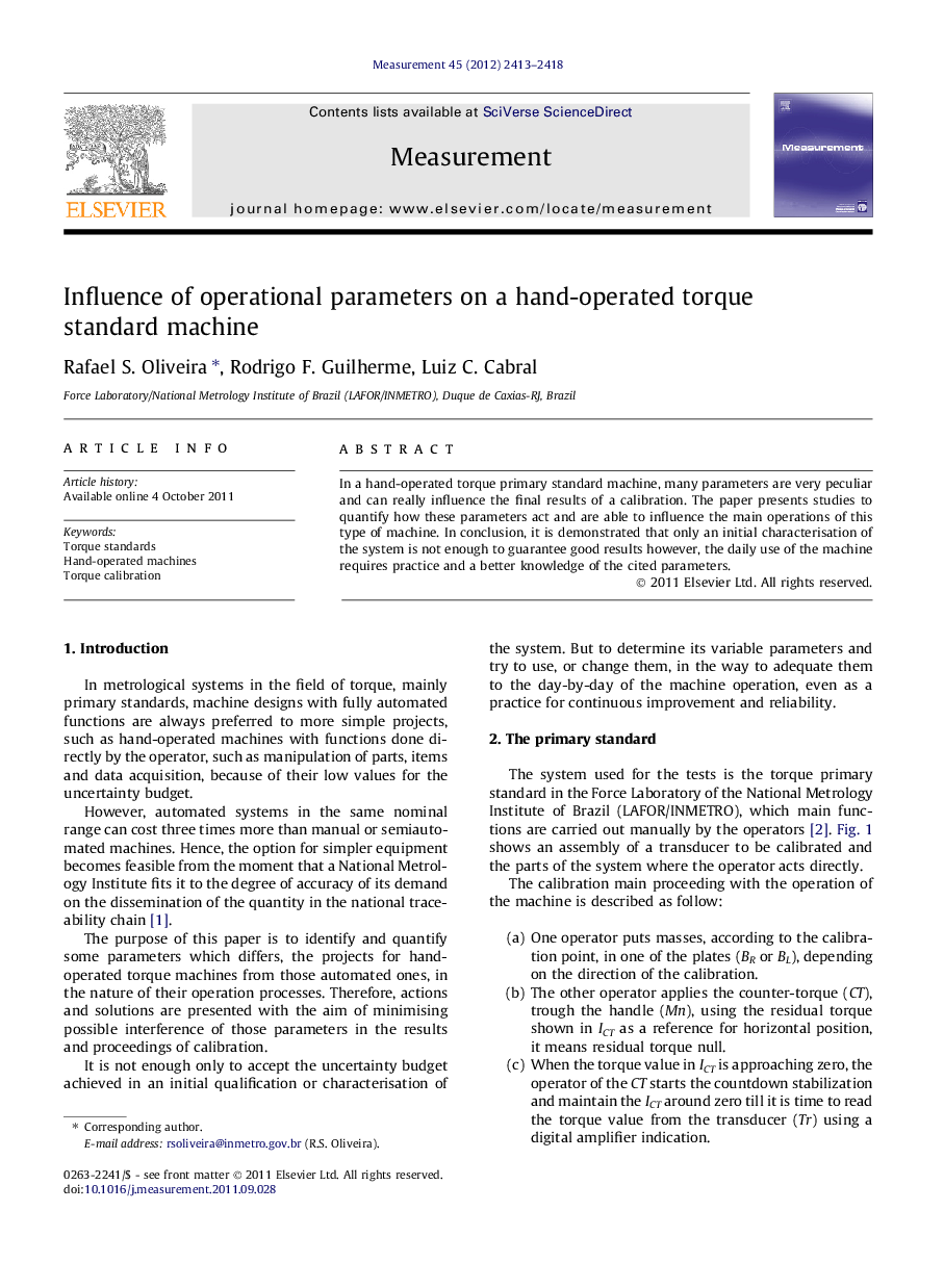 Influence of operational parameters on a hand-operated torque standard machine