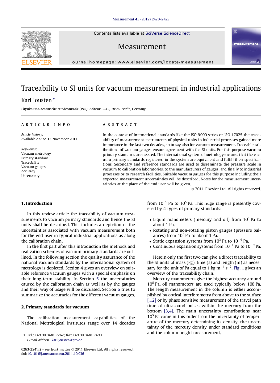 Traceability to SI units for vacuum measurement in industrial applications