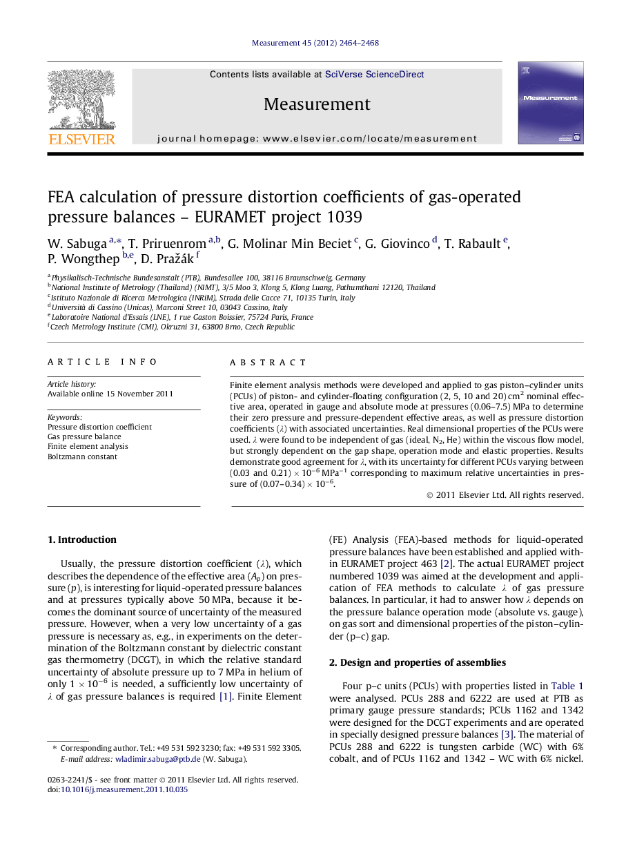 FEA calculation of pressure distortion coefficients of gas-operated pressure balances – EURAMET project 1039