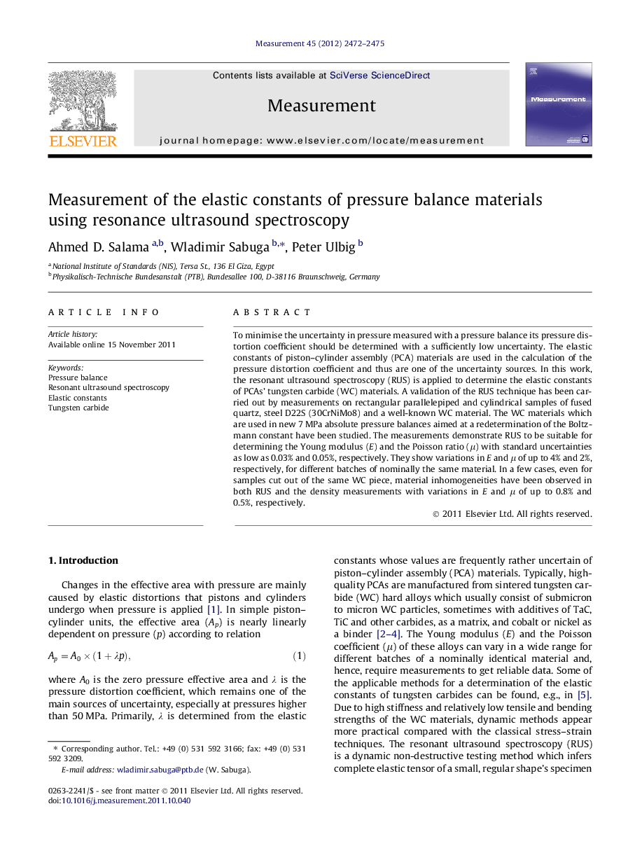 Measurement of the elastic constants of pressure balance materials using resonance ultrasound spectroscopy