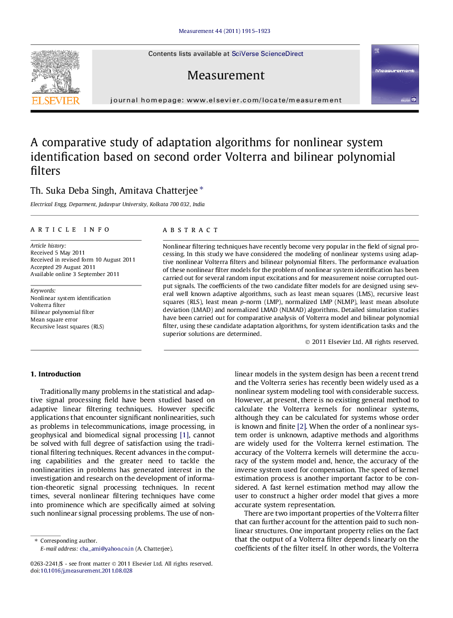 A comparative study of adaptation algorithms for nonlinear system identification based on second order Volterra and bilinear polynomial filters