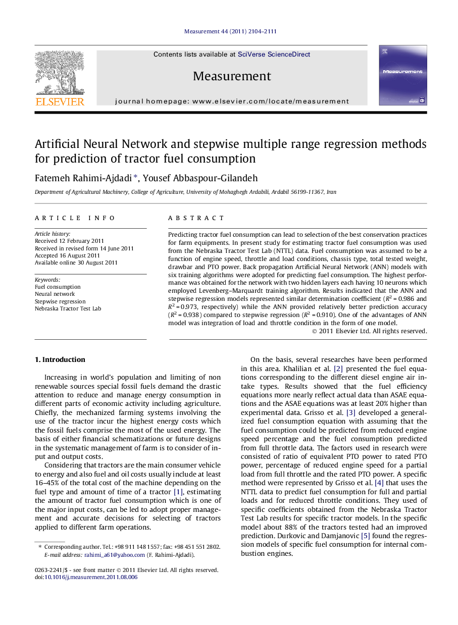 Artificial Neural Network and stepwise multiple range regression methods for prediction of tractor fuel consumption