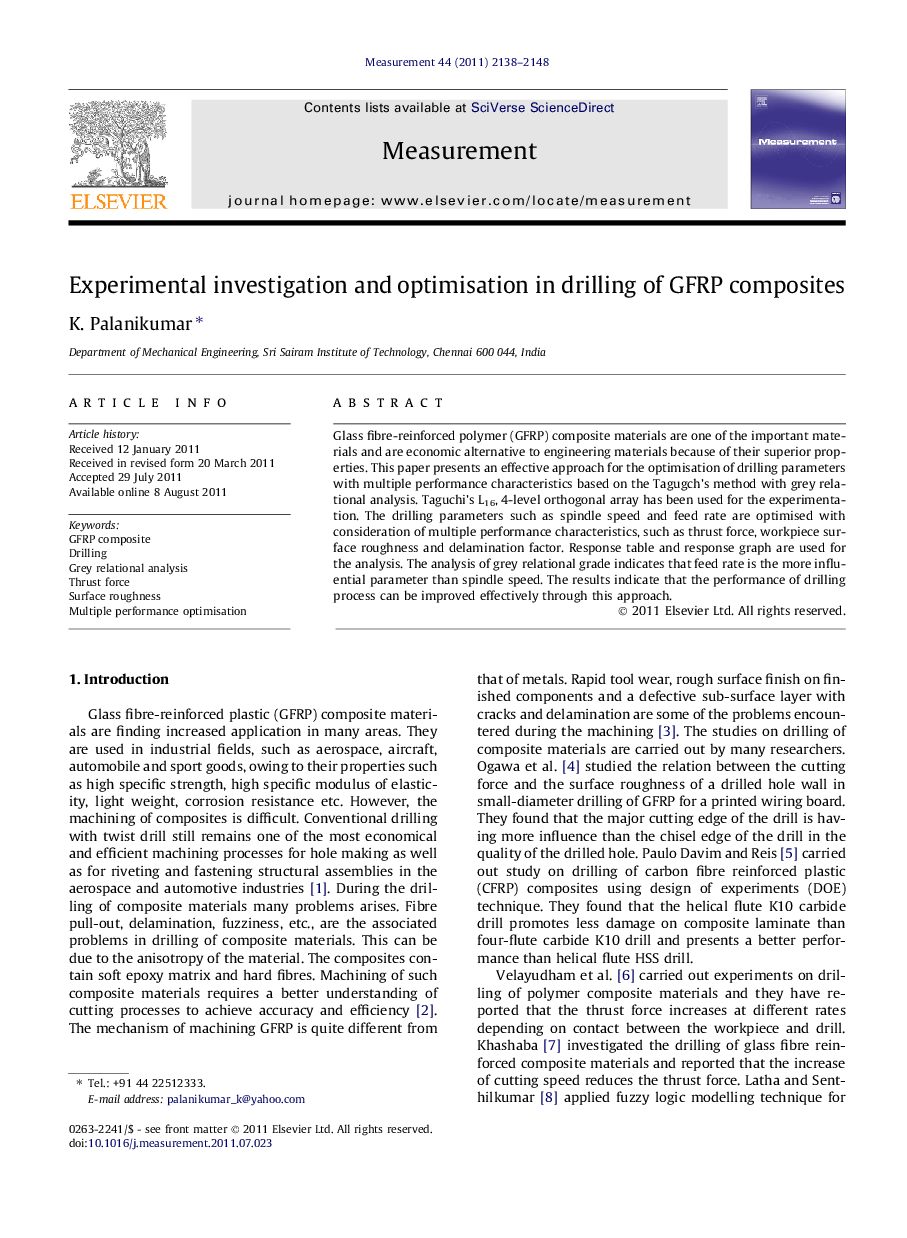 Experimental investigation and optimisation in drilling of GFRP composites