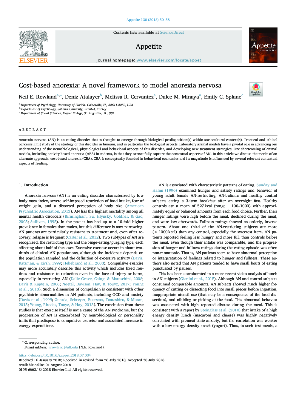 Cost-based anorexia: A novel framework to model anorexia nervosa