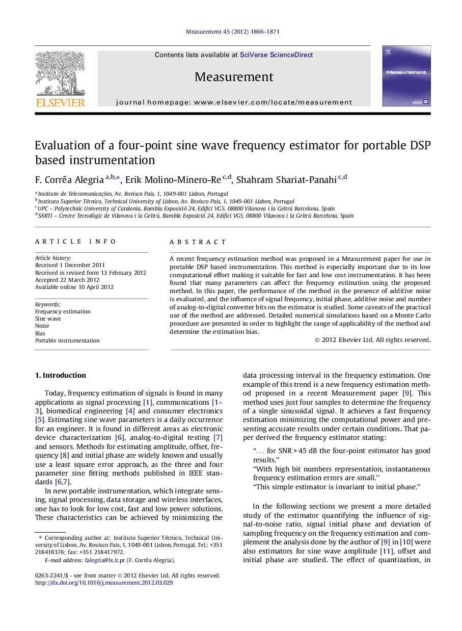 Evaluation of a four-point sine wave frequency estimator for portable DSP based instrumentation