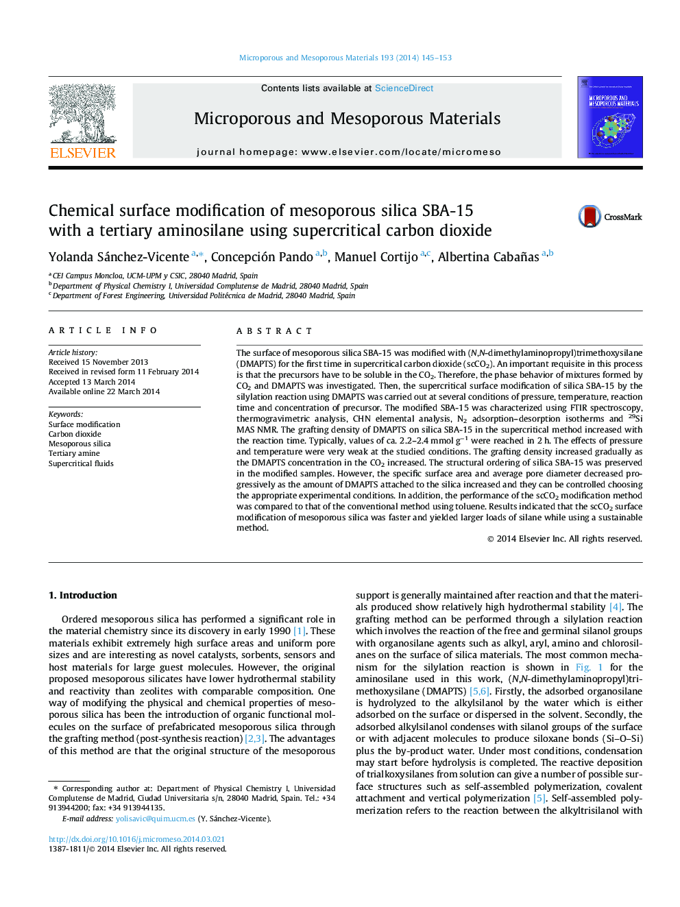 عکس صفحه اول مقاله: Chemical surface modification of mesoporous silica SBA-15 with a tertiary aminosilane using supercritical carbon dioxide Chemical surface modification of mesoporous silica SBA-15 with a tertiary aminosilane using supercritical carbon dioxide