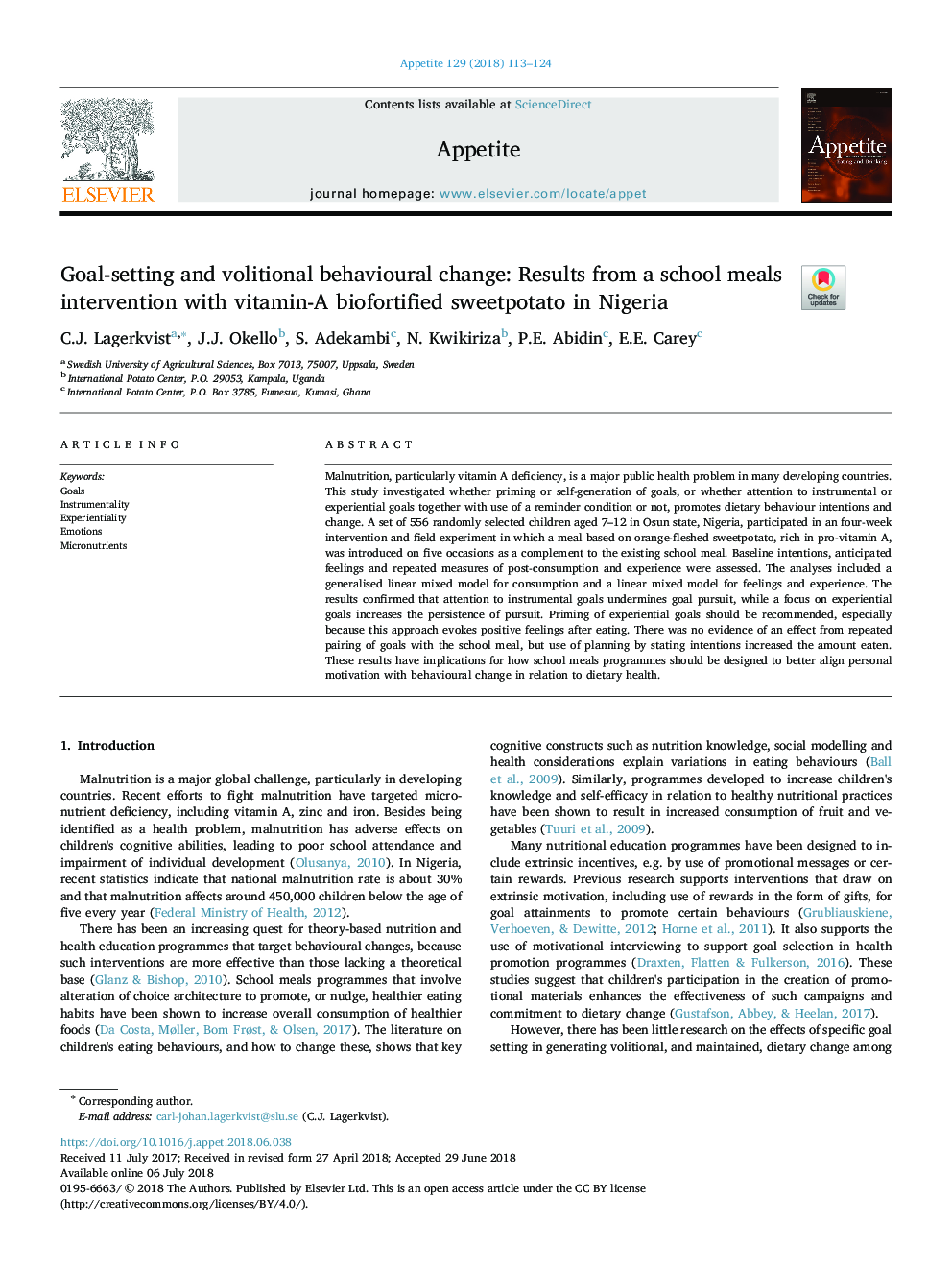 Goal-setting and volitional behavioural change: Results from a school meals intervention with vitamin-A biofortified sweetpotato in Nigeria