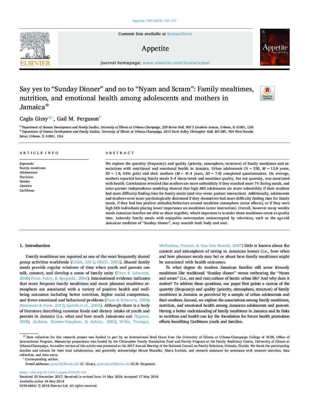 Say yes to “Sunday Dinner” and no to “Nyam and Scram”: Family mealtimes, nutrition, and emotional health among adolescents and mothers in Jamaica