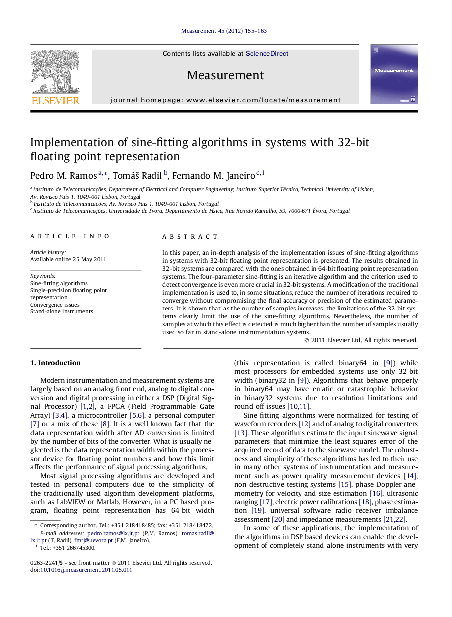 Implementation of sine-fitting algorithms in systems with 32-bit floating point representation