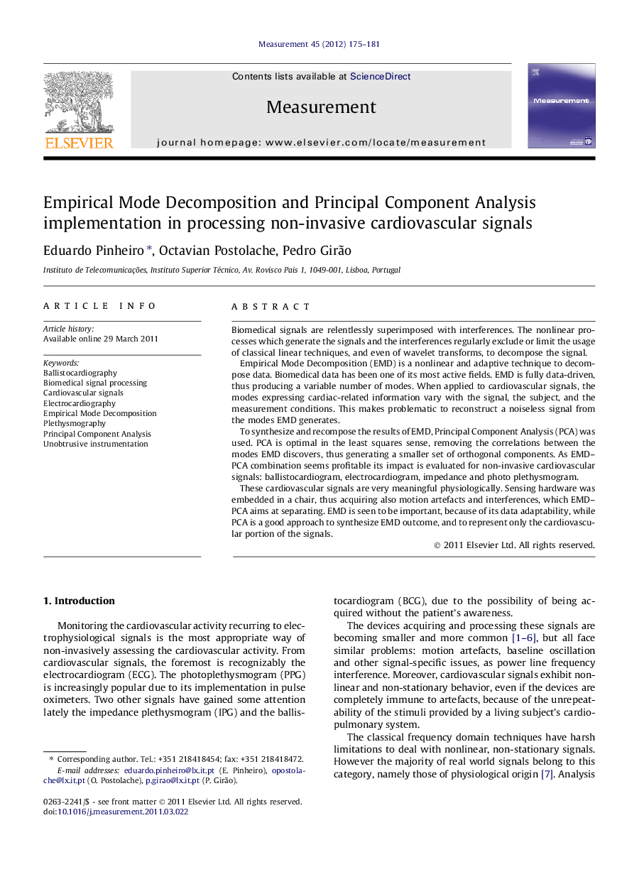 Empirical Mode Decomposition and Principal Component Analysis implementation in processing non-invasive cardiovascular signals