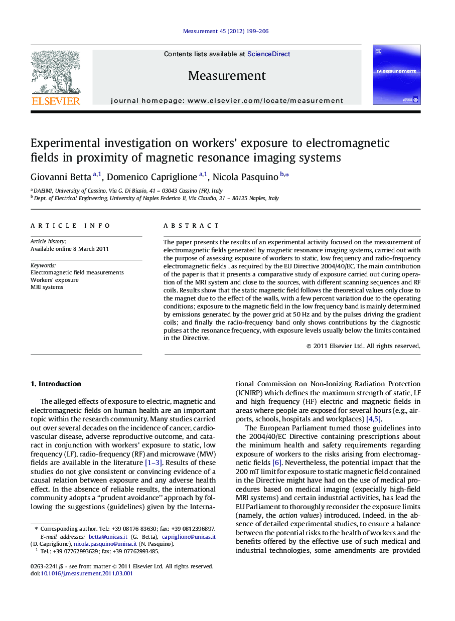 Experimental investigation on workers’ exposure to electromagnetic fields in proximity of magnetic resonance imaging systems