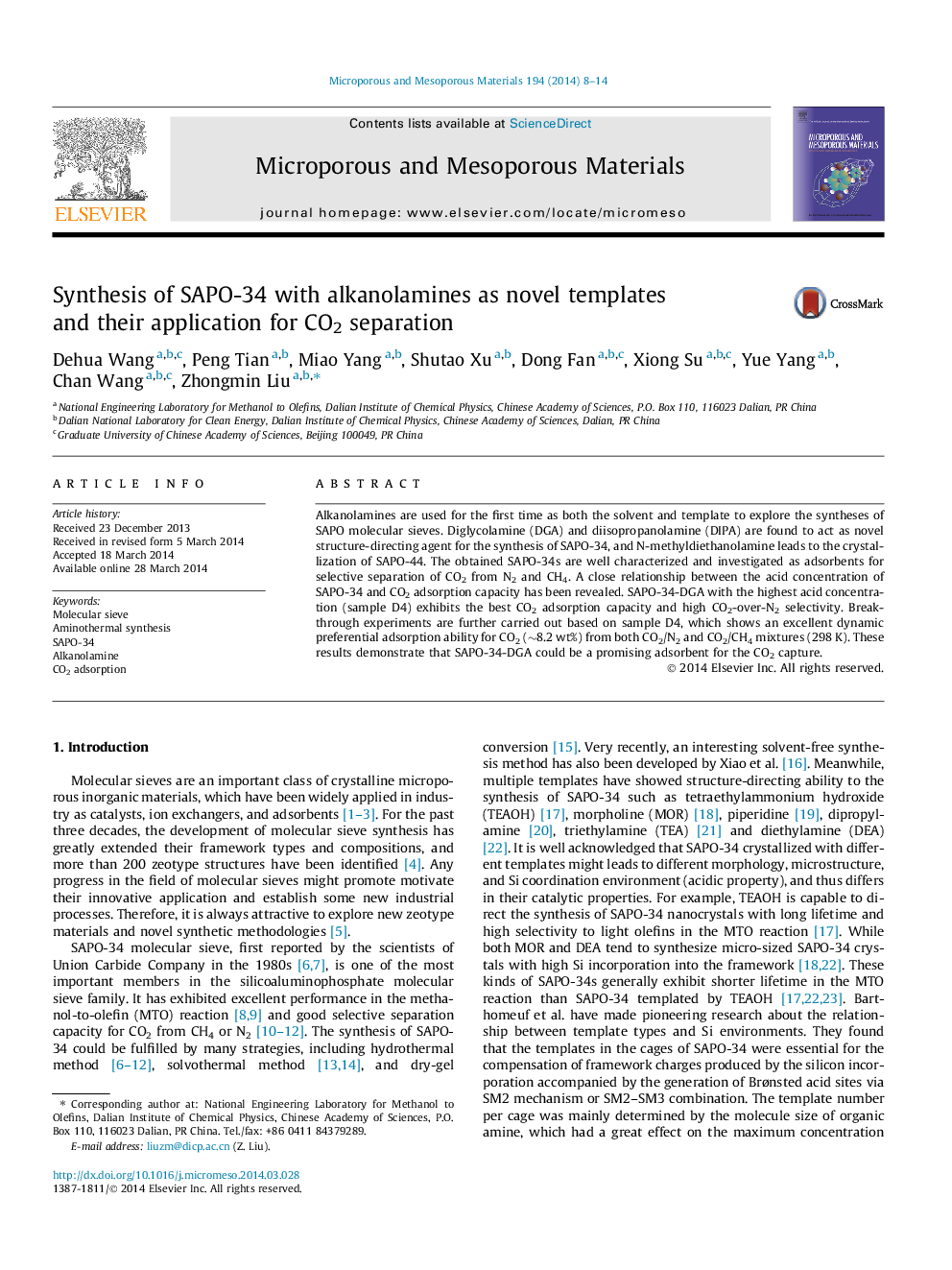 Synthesis of SAPO-34 with alkanolamines as novel templates and their application for CO2 separation