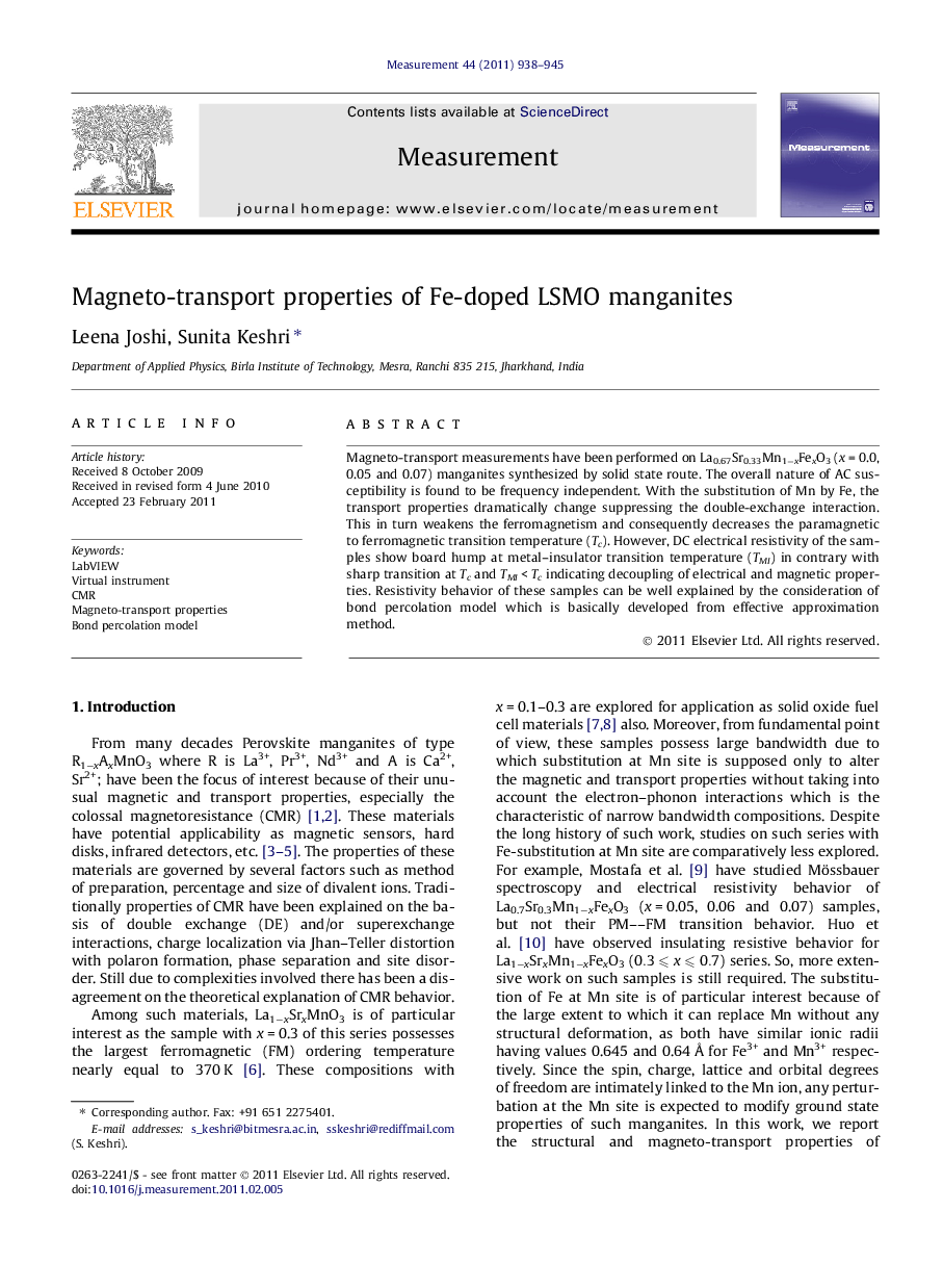 Magneto-transport properties of Fe-doped LSMO manganites