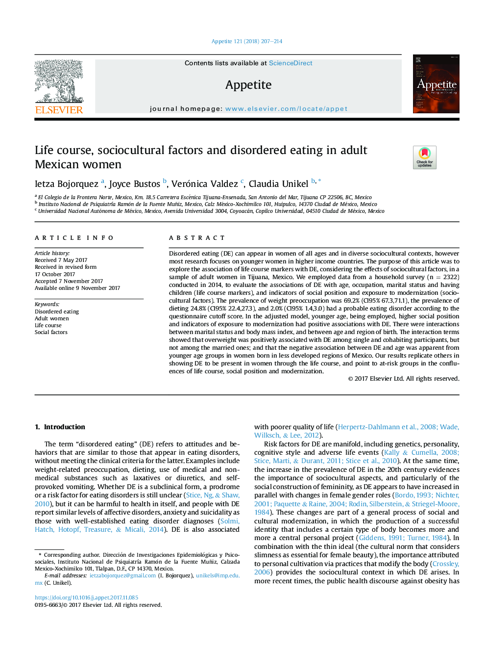 Life course, sociocultural factors and disordered eating in adult Mexican women