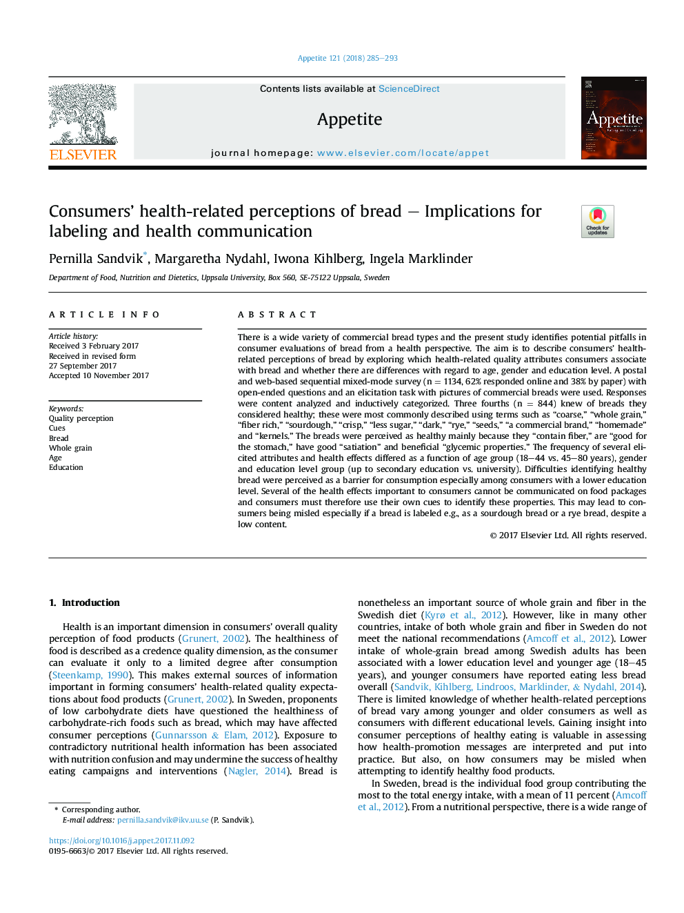 ادراکات مربوط به سلامت مصرف کنندگان نان - پیامدهایی برای برچسب زدن و ارتباطات بهداشتی 